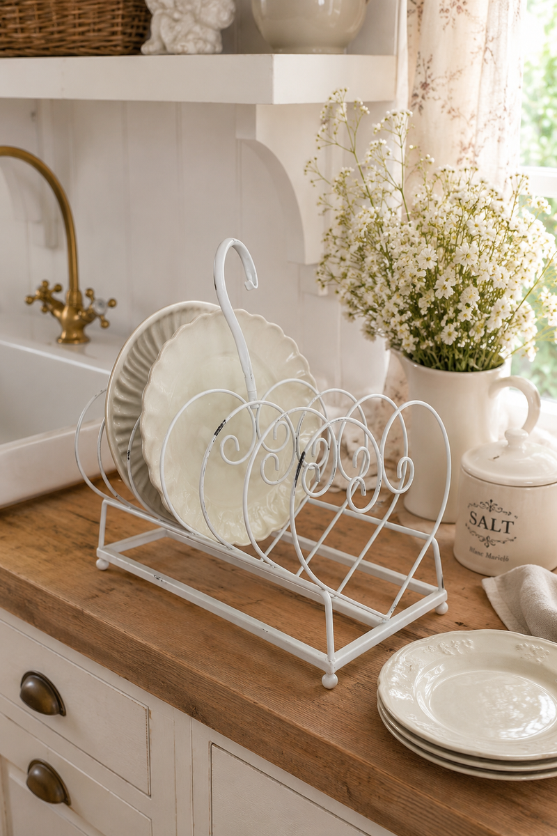 Scolapiatti Porta Piatti in Ferro Bianco con Cuore Shabby