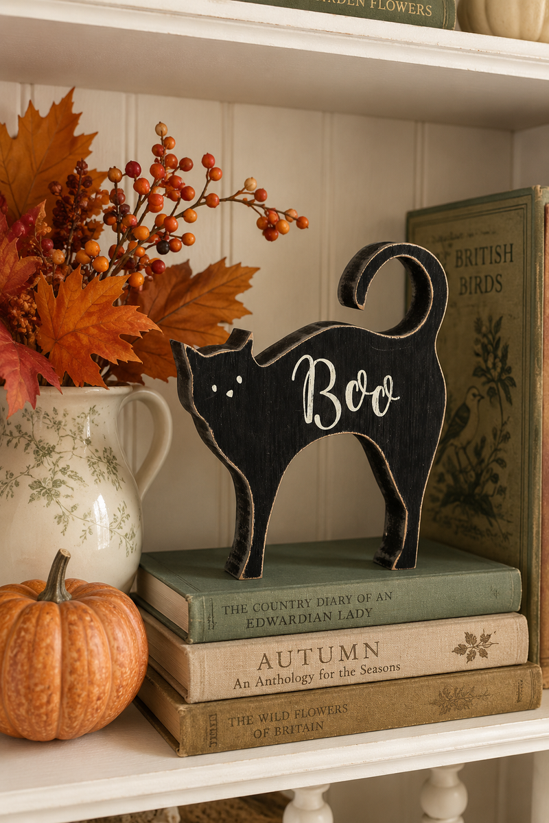 Decorazione Autunnale Gatto Nero in Legno “Boo”