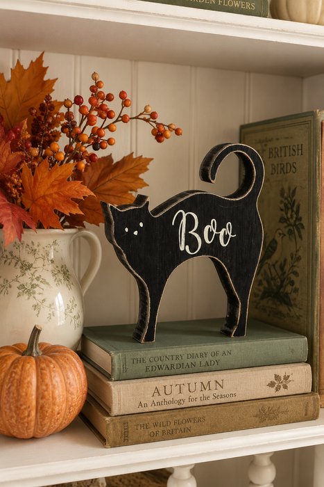 Decorazione Autunnale Gatto Nero in Legno “Boo”