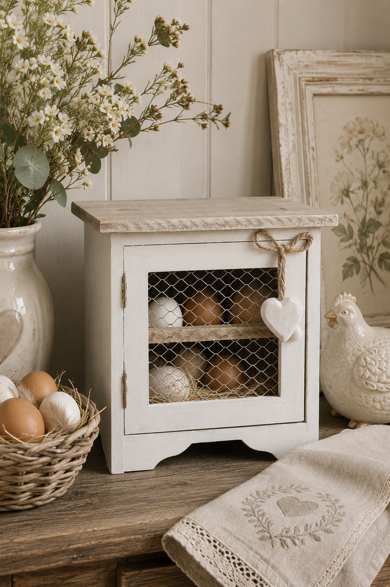 Casetta portauovo in legno bianco con cuore 19x14x19 cm-Clayre & Eef