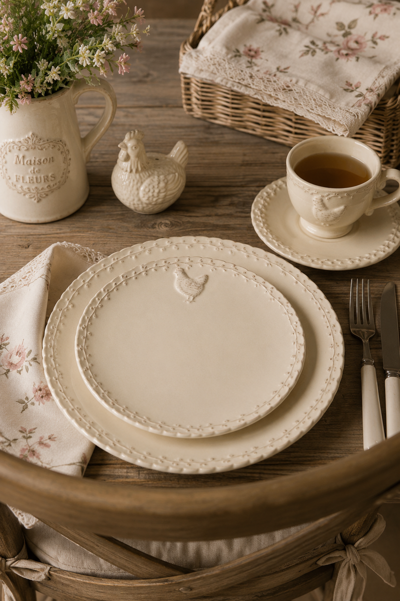 Assiette en céramique beige avec poulet et décor sur les bords 25,9 cm - Clayre &amp; Eef