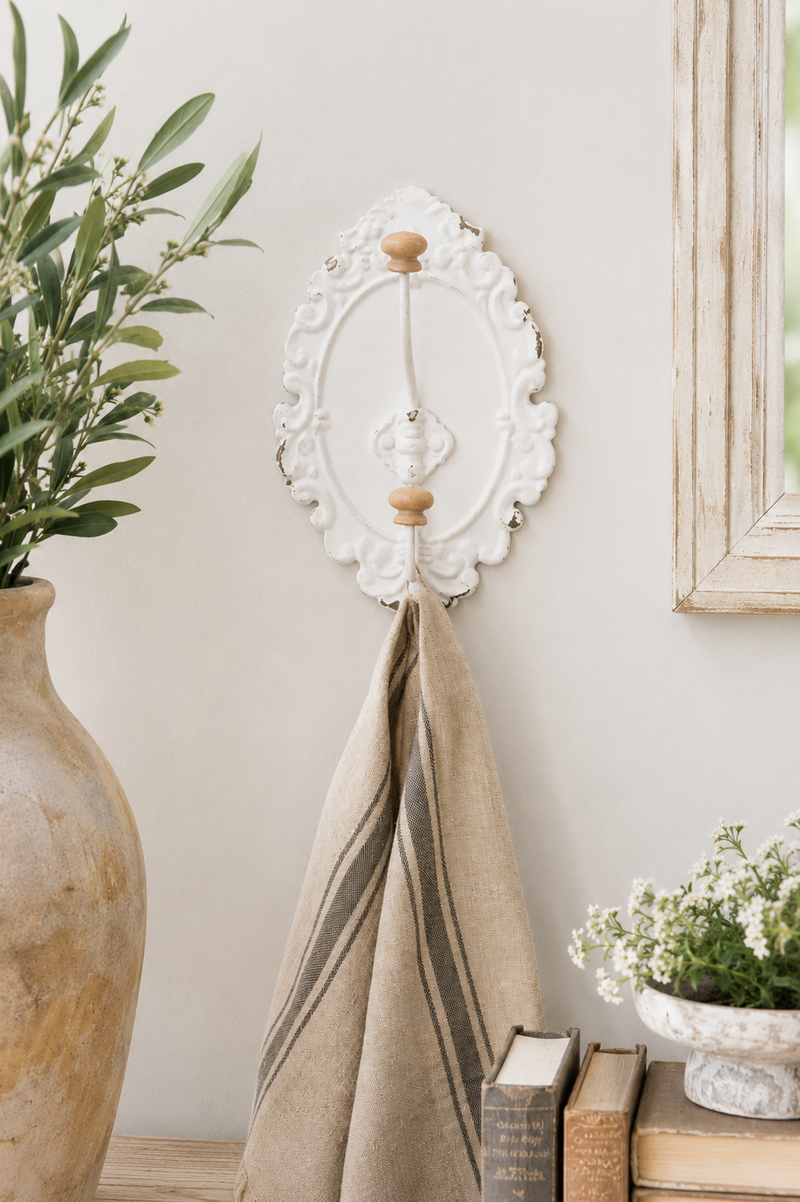 Gancio da parete shabby chic bianco in ferro anticato