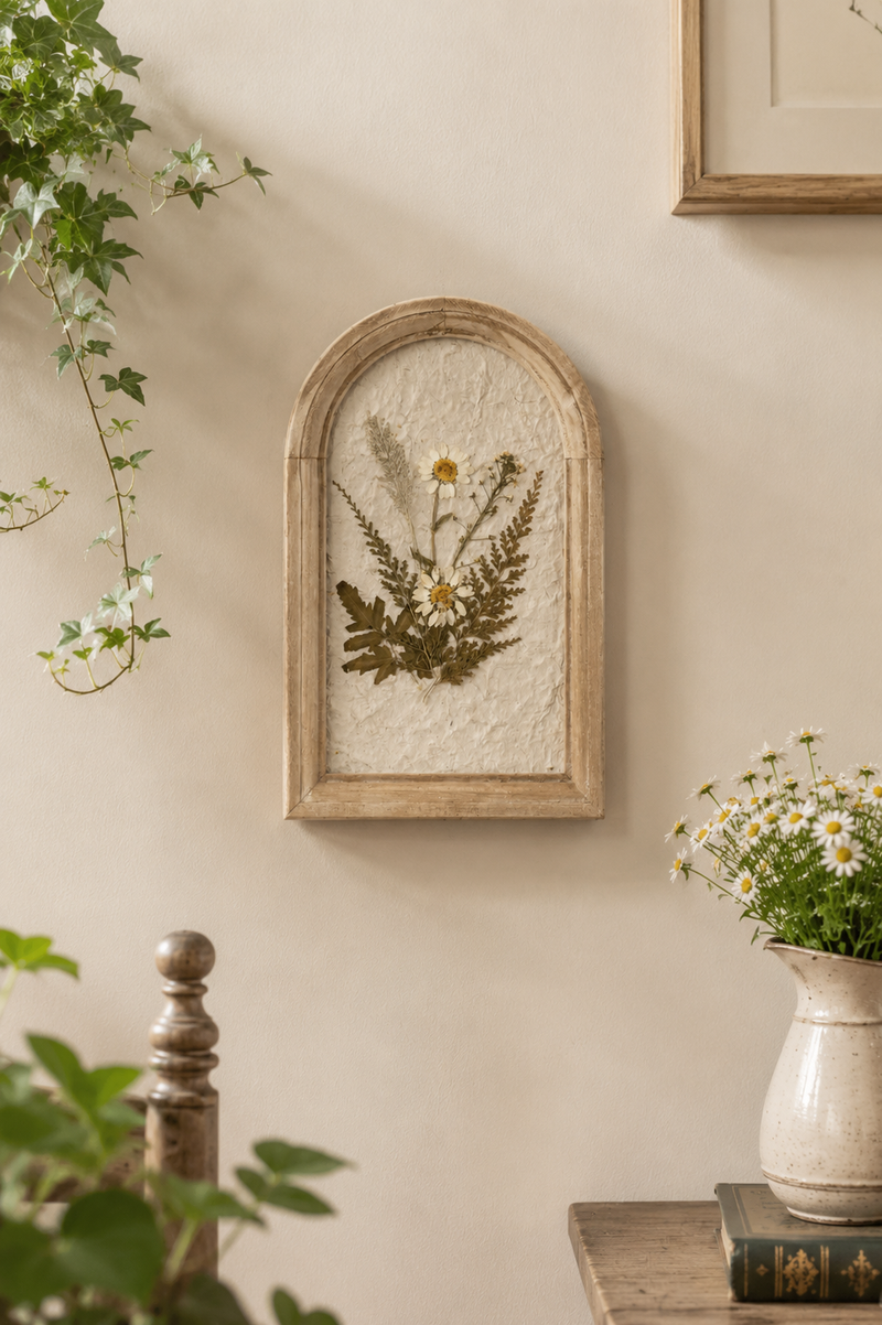 Cornice da Parete in Legno con Fiori Pressati