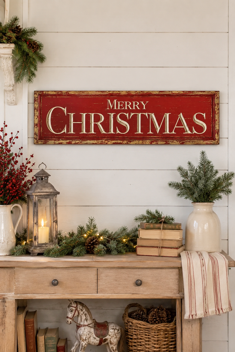 Targa Natalizia Merry Christmas in Legno e Metallo 30,5x96,52 cm