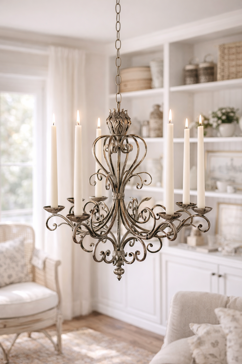 Lampadario a 6 Candele in Metallo Nero Antichizzato