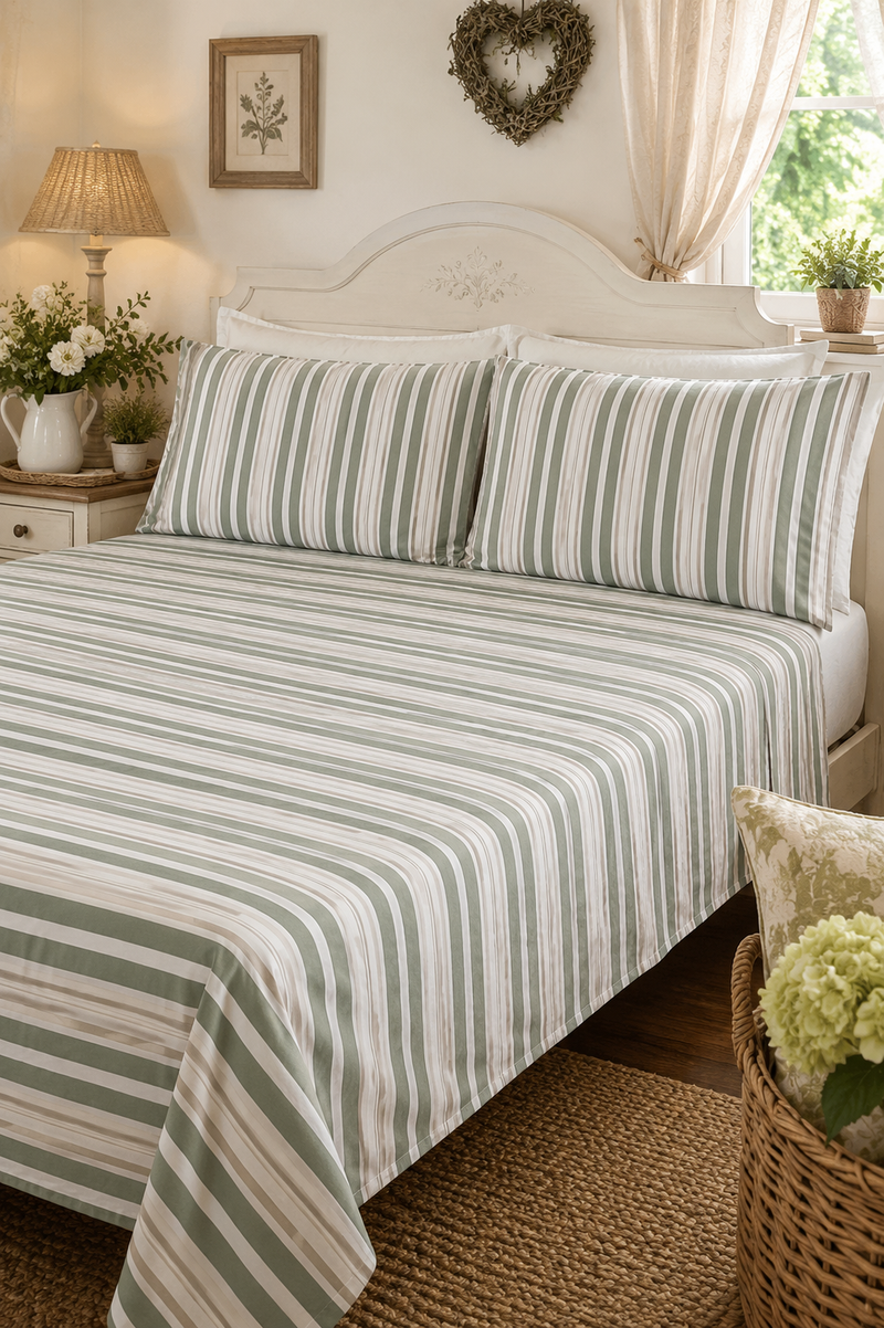 Completo Letto Matrimoniale in Cotone 100% Verde Salvia e Panna a righe
