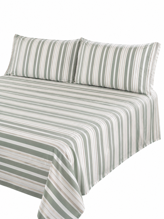 Completo Letto Matrimoniale in Cotone 100% Verde Salvia e Panna a righe