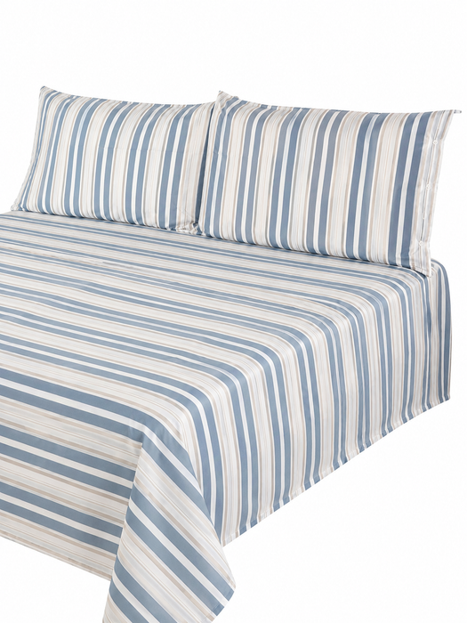 Completo Letto Matrimoniale in Cotone 100% a Righe Blu, Bianco e Panna
