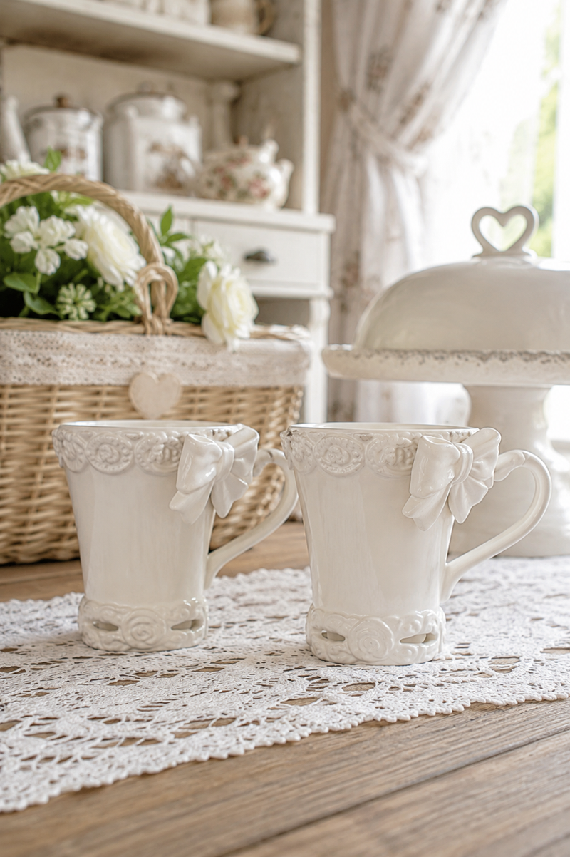 Set 2 Tazze in Ceramica Bianca con Fiocco – Arte di Nacchi