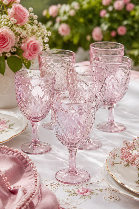 Set 6 Calici in Vetro Rosa con Bordo a Microperline – Nuvole di Stoffa
