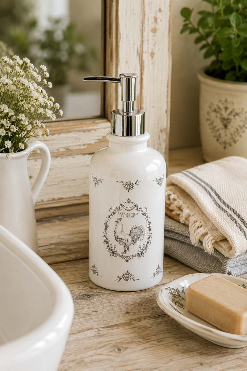 Dispenser Sapone in Ceramica Bianco 350 ml con Gallo Country | Clayre & Eef