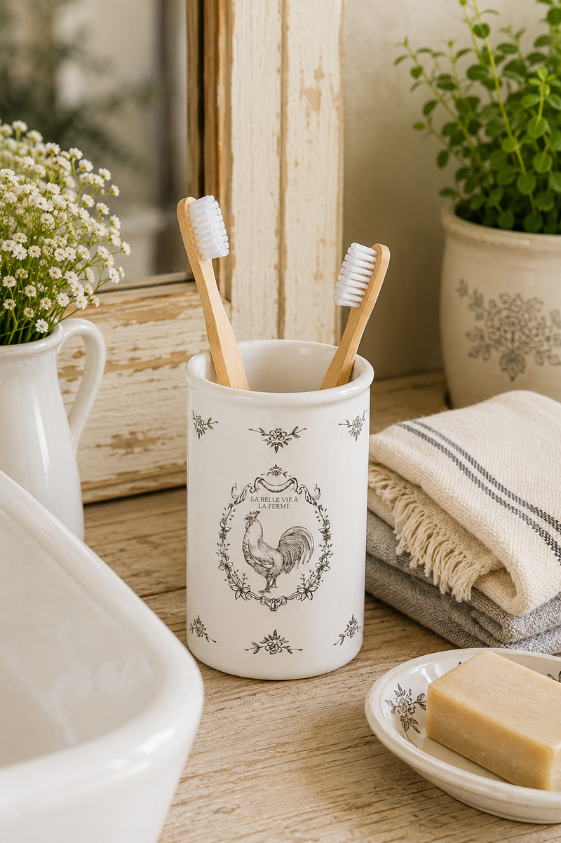Portaspazzolini in Ceramica Bianco Ø8x12 cm con Gallo Country | Clayre & Eef