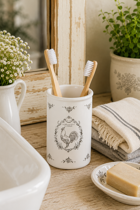 Portaspazzolini in Ceramica Bianco Ø8x12 cm con Gallo Country | Clayre & Eef