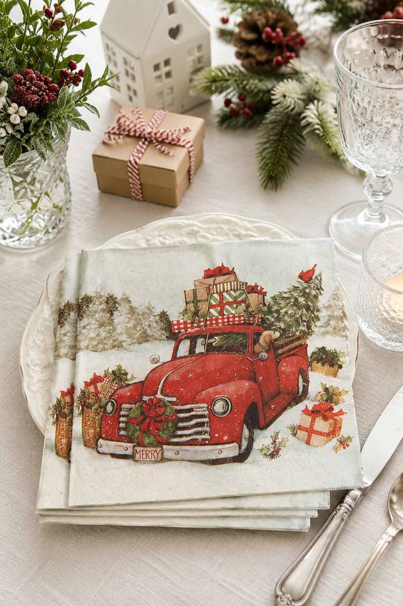 Tovaglioli di Carta Natalizi 33x33 cm con Camioncino Rosso Vintage | Set da 20 | Clayre & Eef