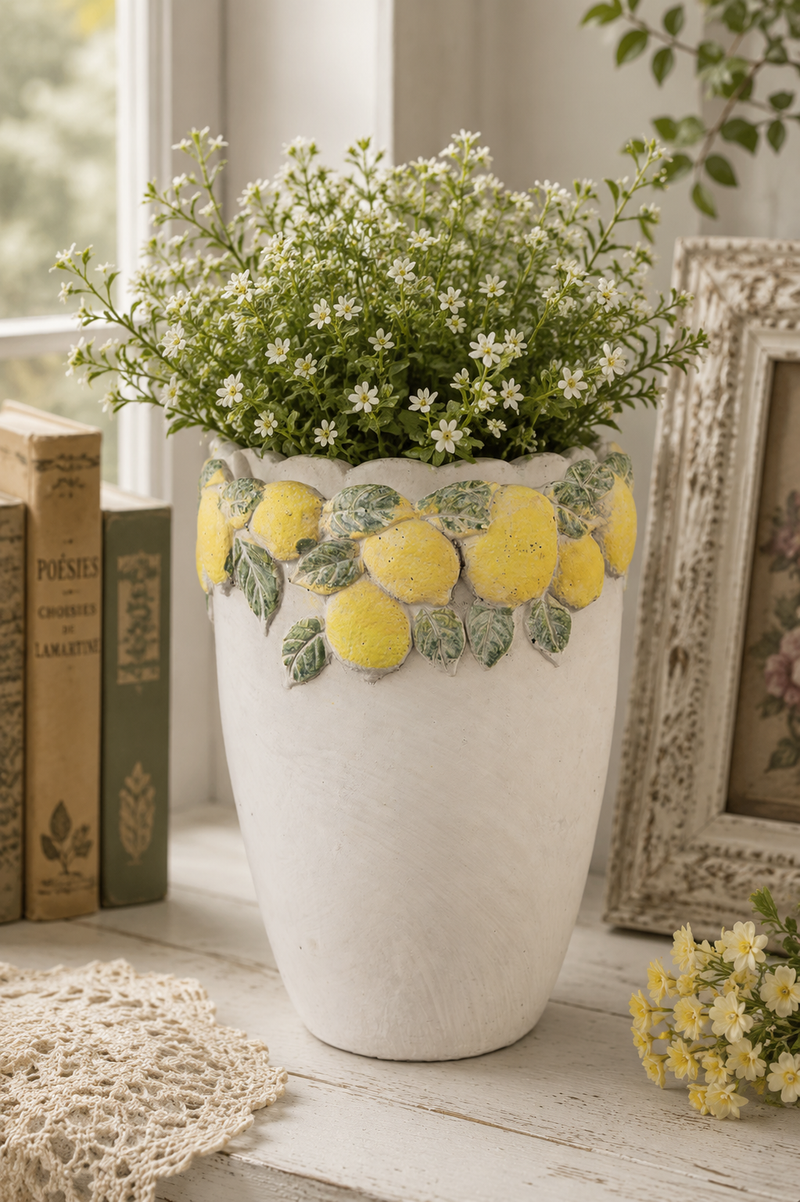 Portavaso Decorativo con Limoni Ø17x23 cm in Pietra | Clayre & Eef