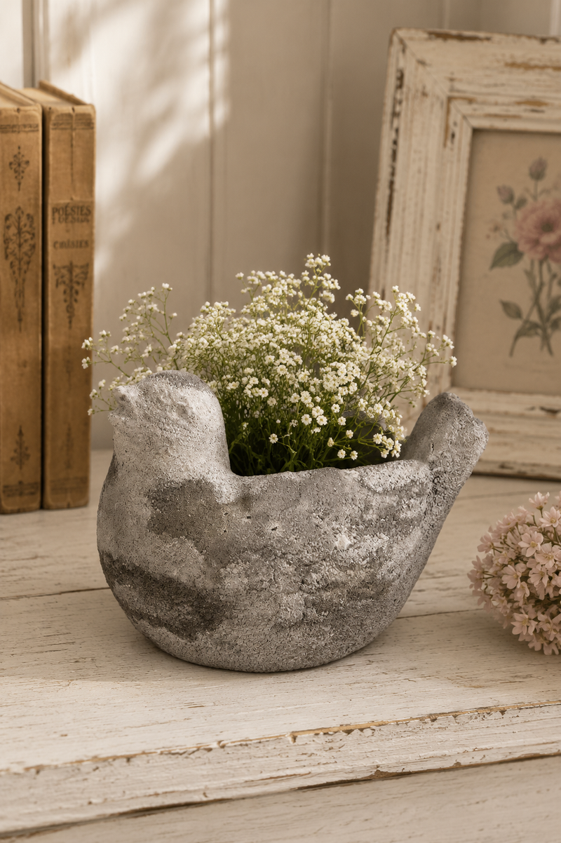 Portavaso a Forma di Uccellino in Pietra 18x12x13 cm Grigio | Clayre & Eef