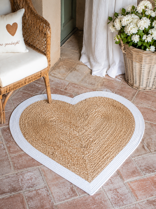 Tappeto a Cuore in Juta 75x80 cm Naturale con Bordo Bianco | Blanc MariClo