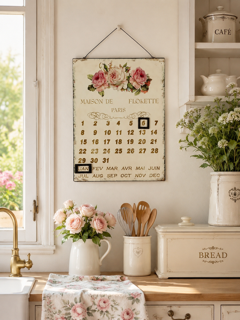 Calendario Perpetuo in Metallo con Rose 25x33 cm