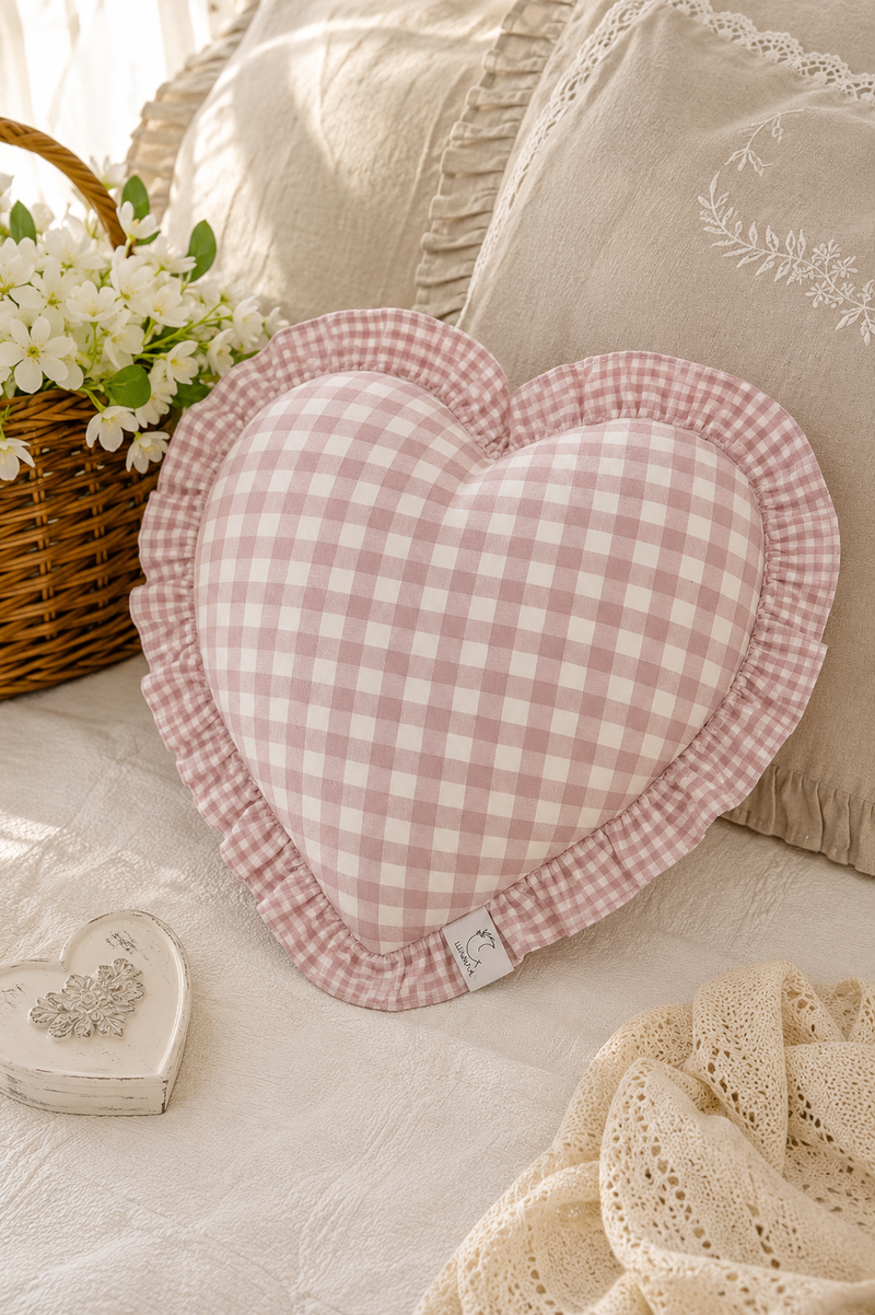 Federa Cuscino Cuore Rosa a Quadretti