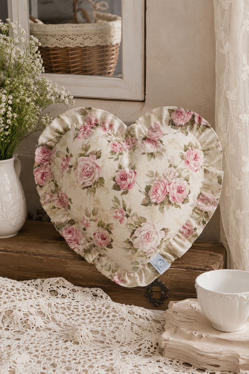 Federa Cuscino Cuore con Rose Shabby Chic