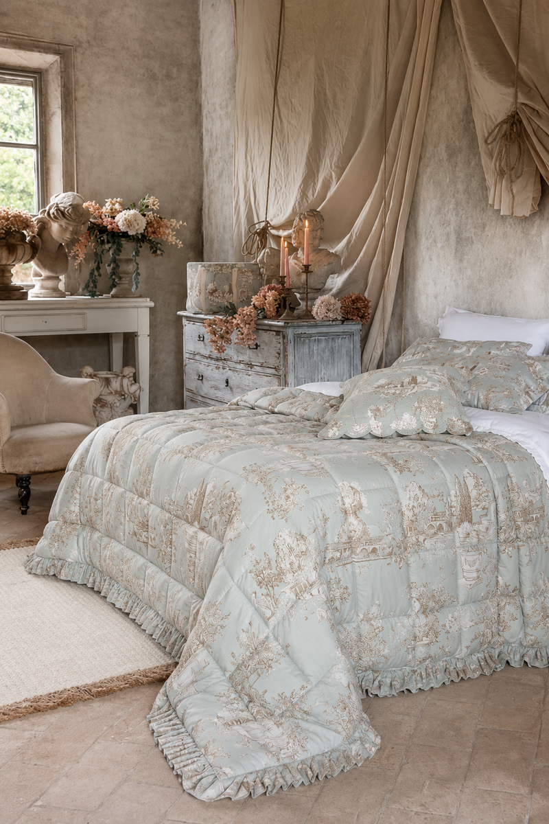 Trapunta Matrimoniale con Gala Toile du Borgo Verde Salvia Blanc MariClo 260x260 cm