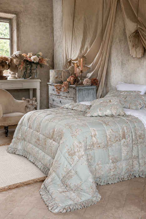 Trapunta Matrimoniale con Gala Toile du Borgo Verde Salvia Blanc MariClo 260x260 cm