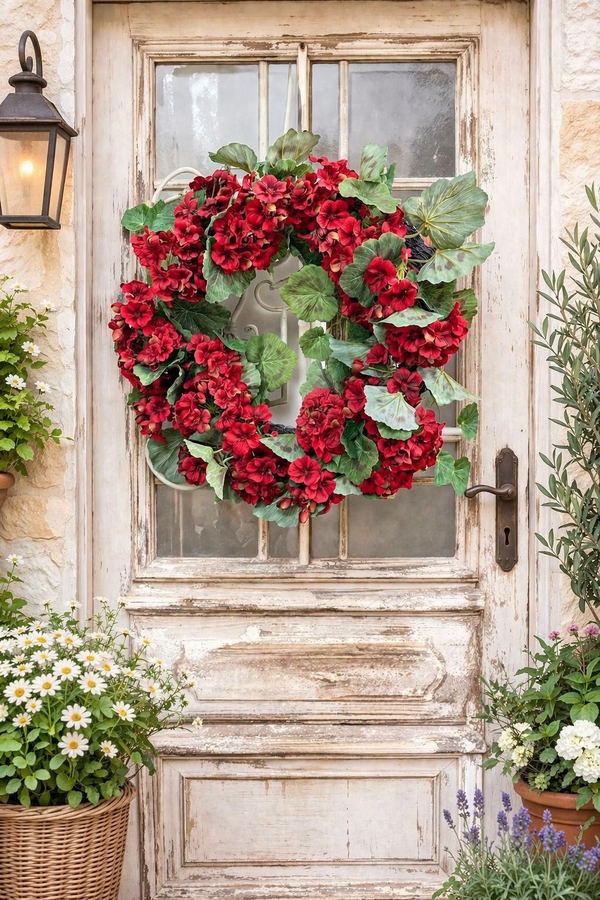 Corona Decorativa con Gerani Rossi 55 cm