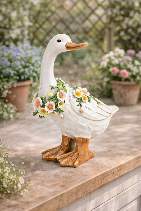 Anatra Decorativa con Corona di Fiori 30x24x15 cm
