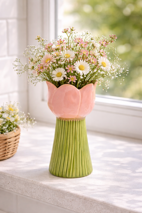 Vaso Tulipano in Porcellana Rosa e Verde 18x9x9 cm