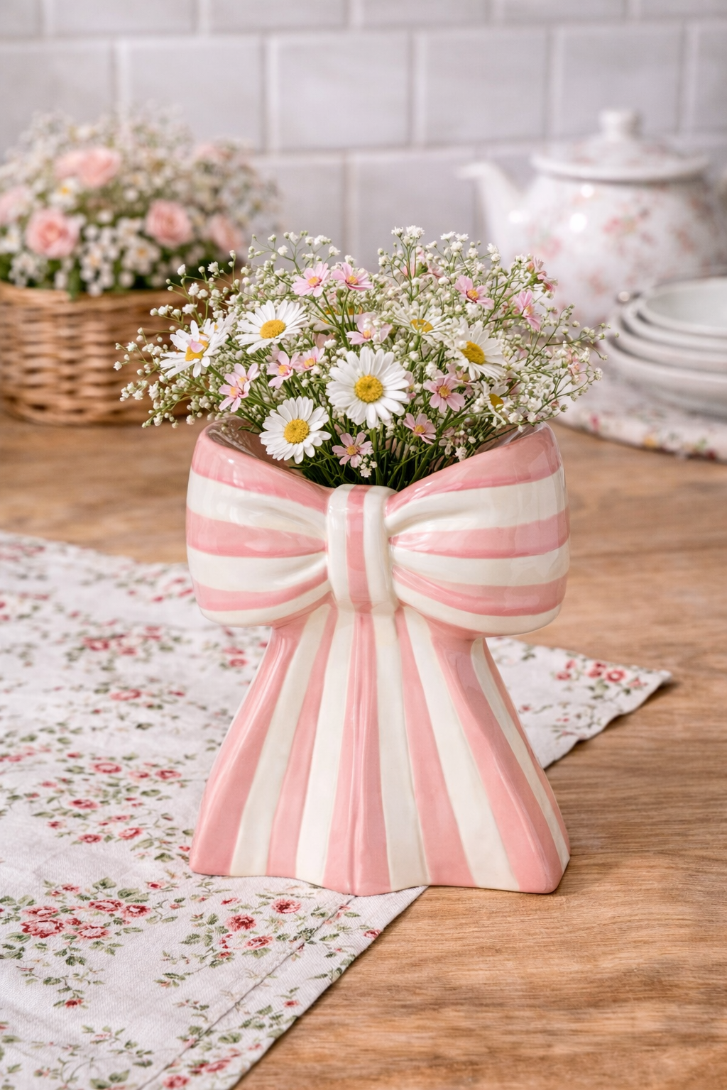 Vaso Decorativo a Forma di Fiocco Rosa e Bianco 18x17 cm