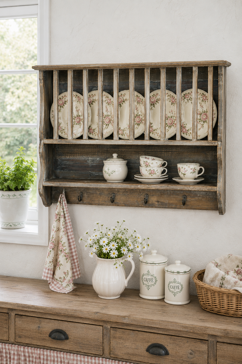 Dish rack with shelf and 4 hooks in recycled wood