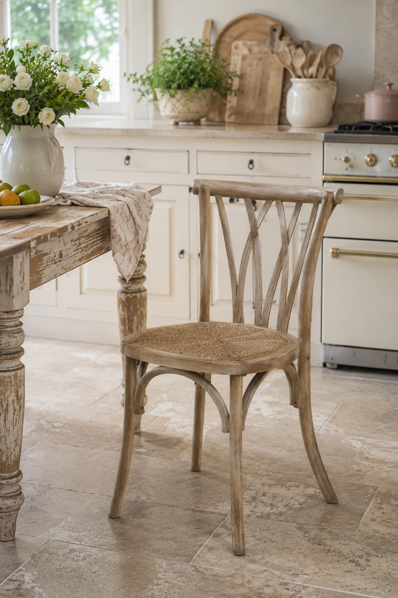 Sedia Francese in Legno di Caucciù e Rattan Naturale Chic Antique
