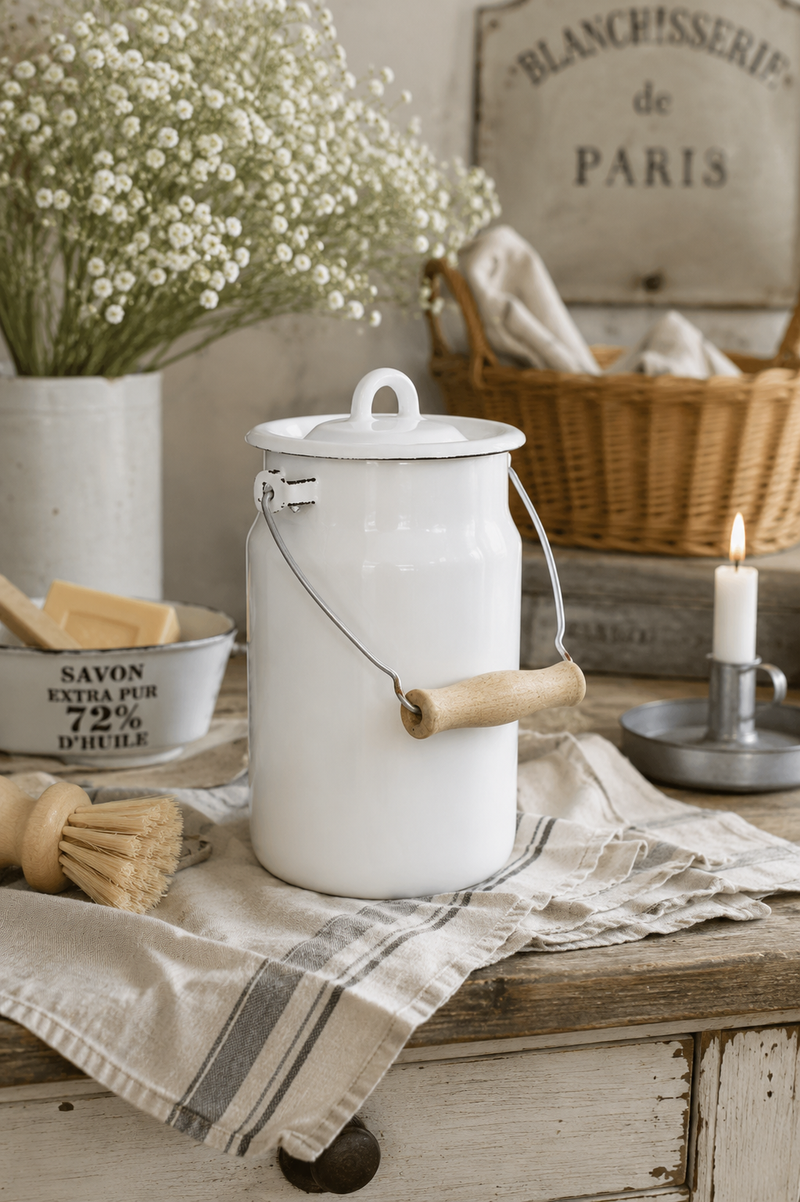 Bidone Smaltato con Coperchio 2 Litri Bianco Anticato Stromshaga