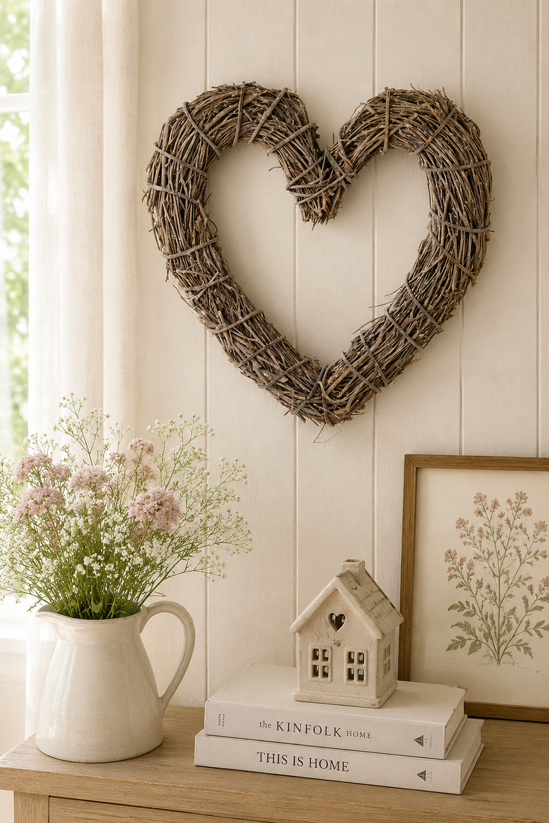 Enchanted Forest Heart in Bleached Wicker and Cloth Clouds