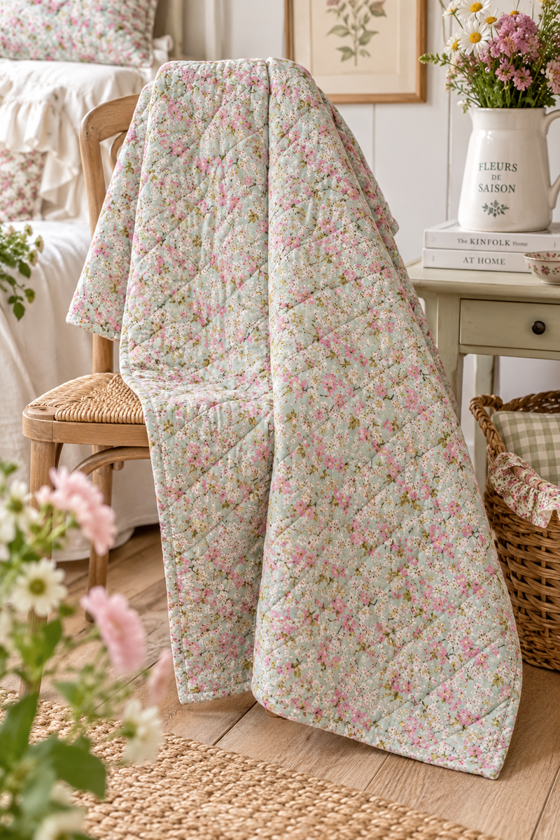 Coperta Trapuntata Floreale Verde Salvia e Rosa – 130x180 cm Ib laursen