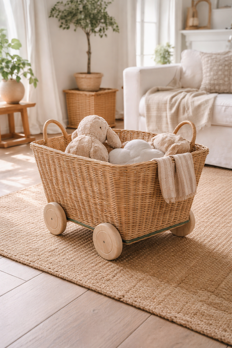 Cesto in Rattan Naturale con Ruote e Manici 45x35x23 cm