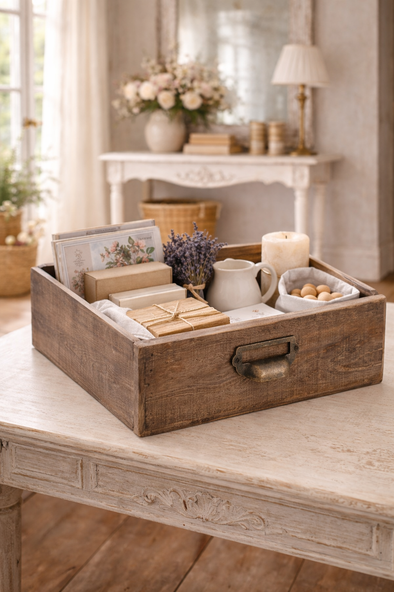 Set 2 Cassetti in Legno Stile Francese con Maniglia in Metallo