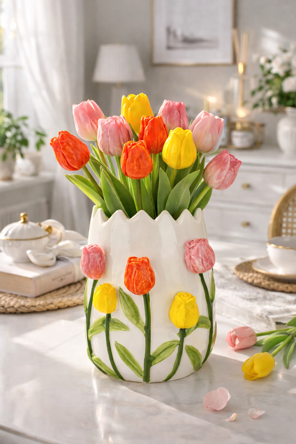 Vaso Decorativo con Tulipani in Porcellana Dipinta a Mano – 13 cm