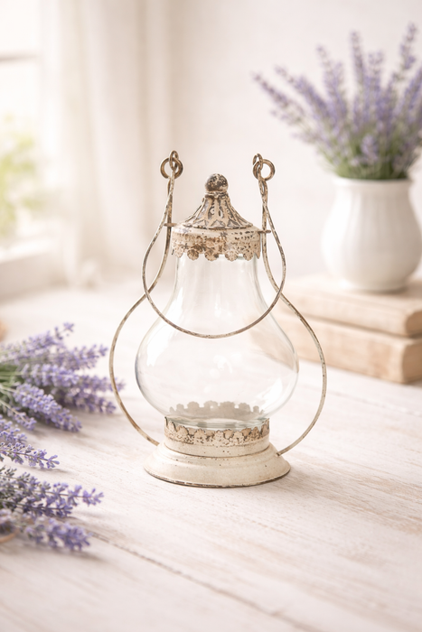 Lanterna con manico in ferro crema H 31 cm -Chic antique