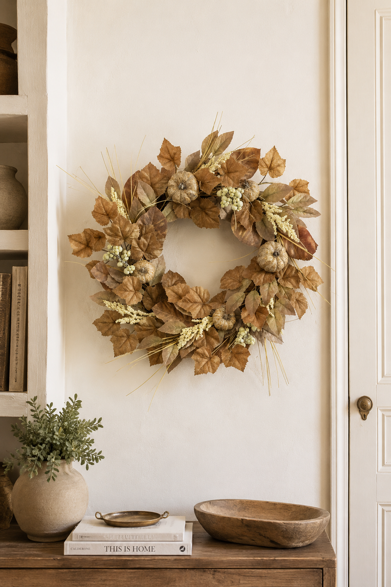 Corona Autunnale Decorativa 61 cm con Foglie Beige, Zucche e Bacche