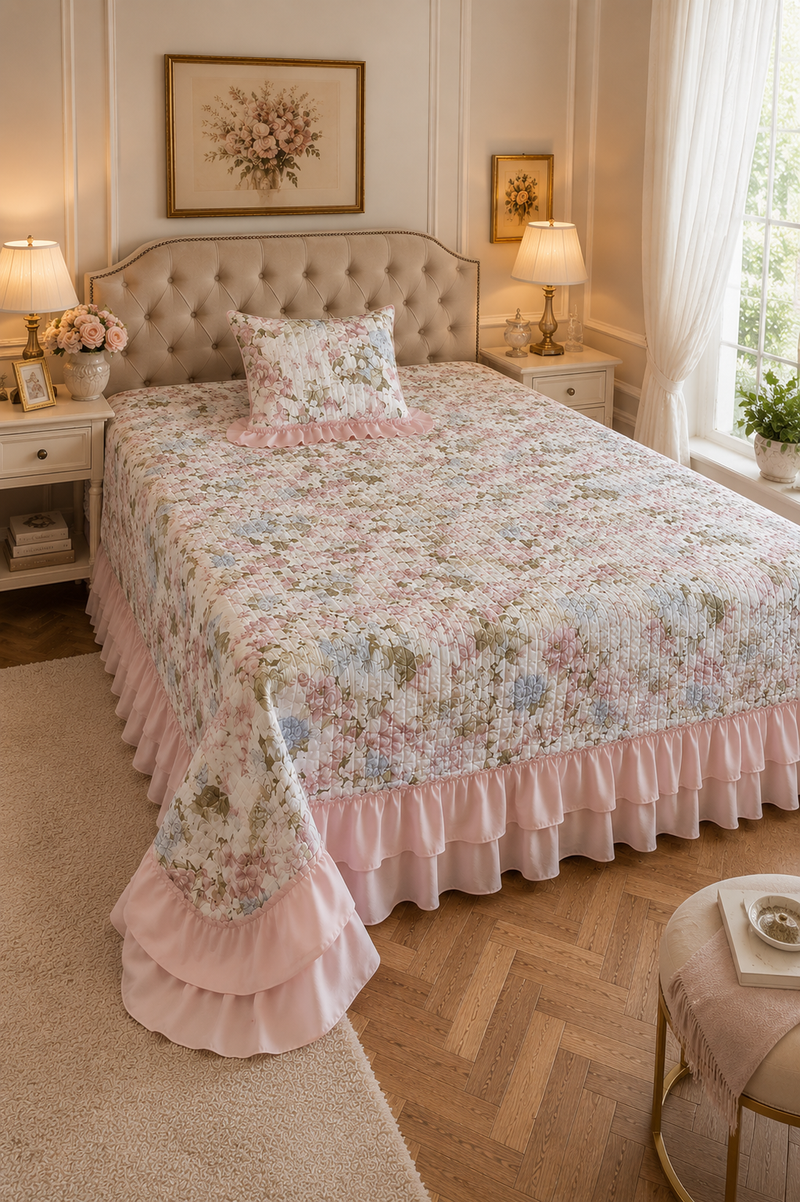 Trapunta Matrimoniale Floreale Rosa Antico con Volant e Federa Cuscino 45x45
