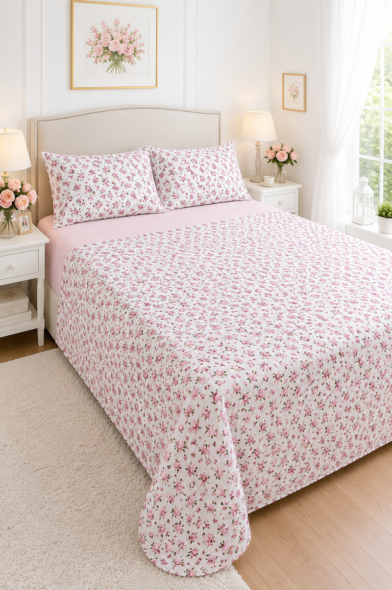 Completo Letto Matrimoniale 100% Cotone Rosa con Roselline