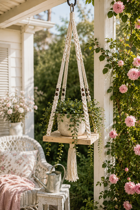 Portavaso Sospeso in Macramé con Ripiano in Legno