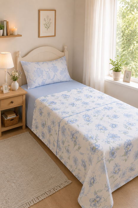 Completo Lenzuola Singolo Azzurro Floreale in Cotone