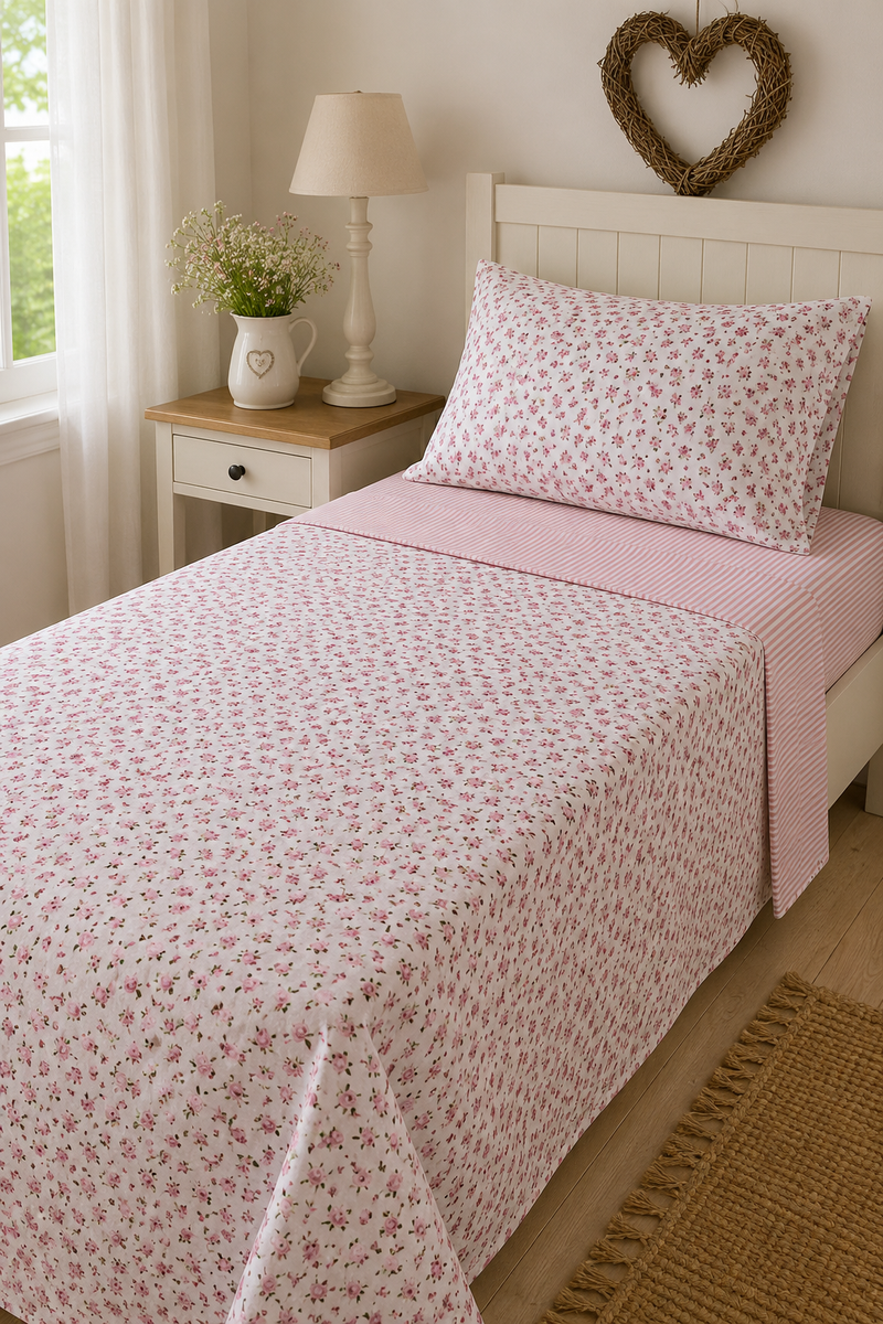 Completo lenzuola singolo Roselline bianco e rosa