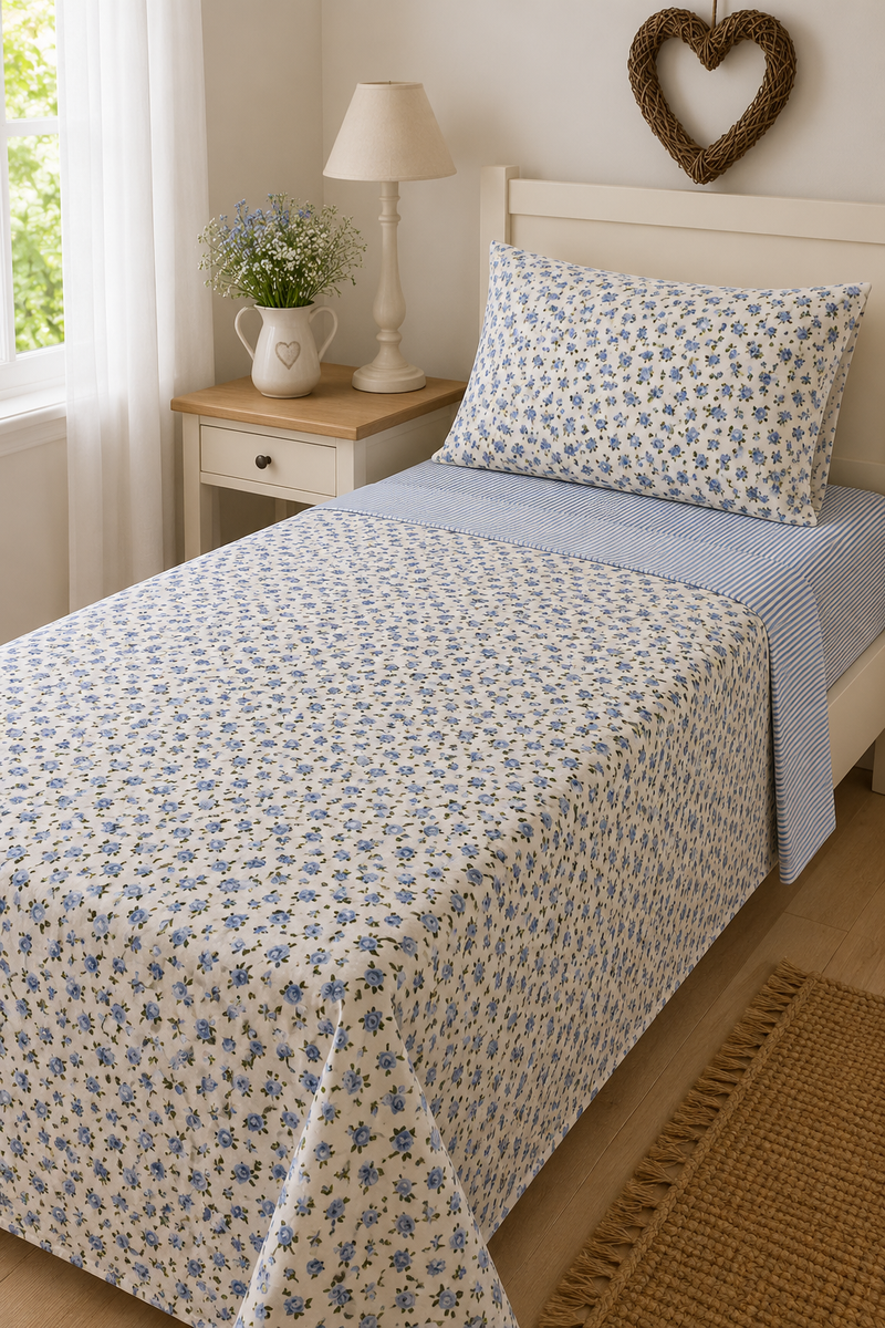 Completo lenzuola singolo Roselline bianco e azzurro