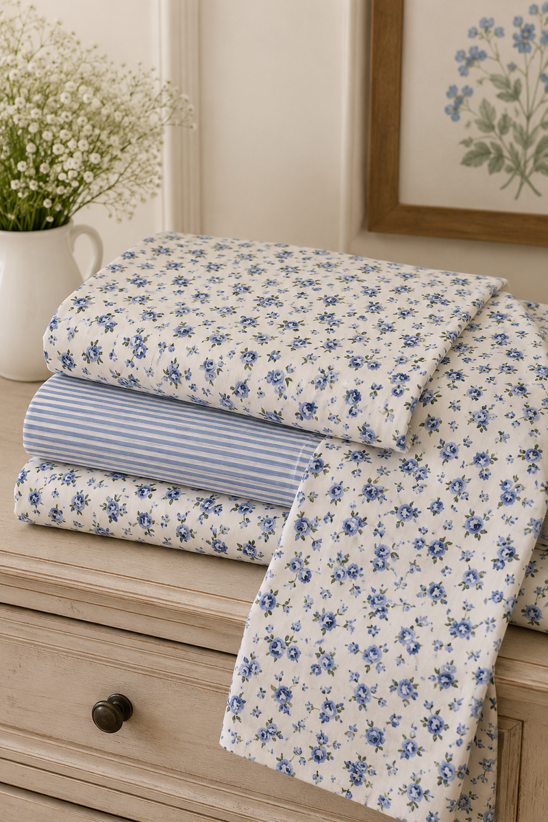 Completo lenzuola singolo Roselline bianco e azzurro