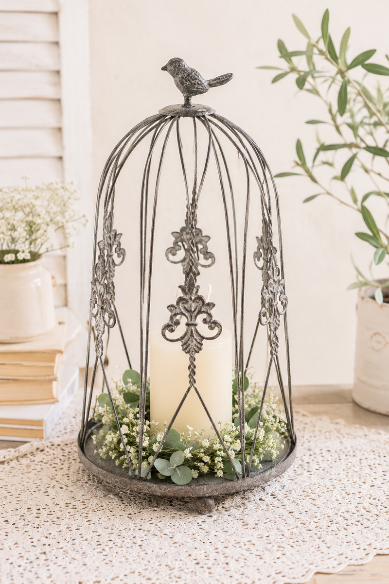 Lanterna gabbietta in ferro shabby chic Nuvole di Stoffa 33 cm