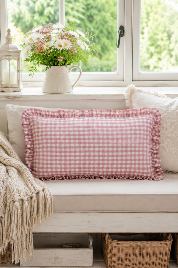Federa cuscino a quadretti rosa e bianco
