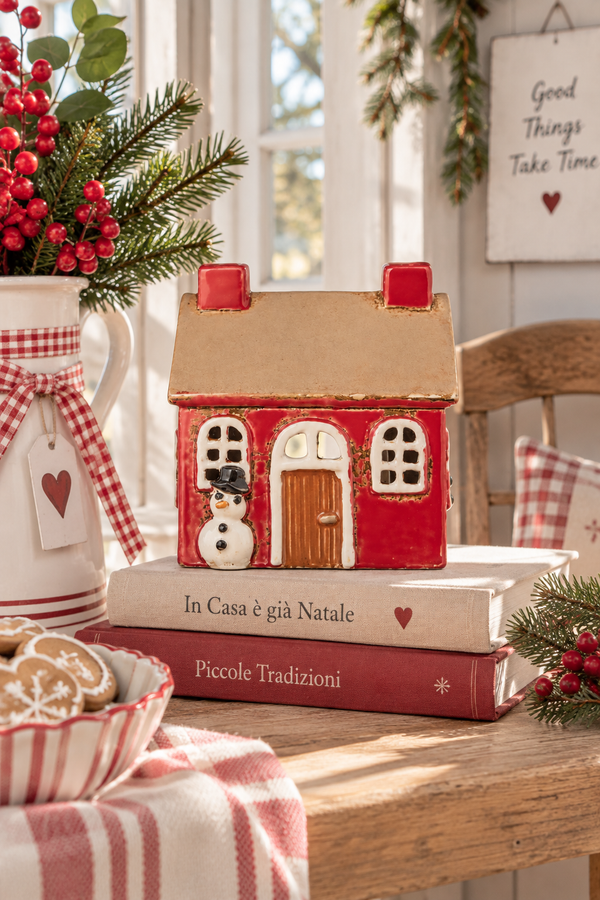 Casetta natalizia rossa con pupazzo di neve in ceramica – IB Laursen